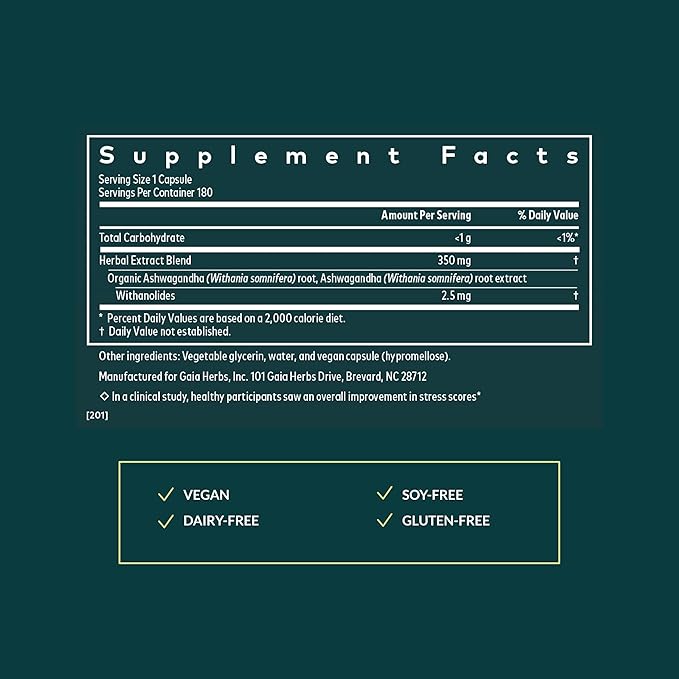 Gaia Herbs Ashwagandha Root - Stress Relief &amp Sleep Support Supplement - Supports Balanced Energy Levels &amp Positive Outlook* - 180 Vegan Liquid Phyto-Caps (90 Servings)