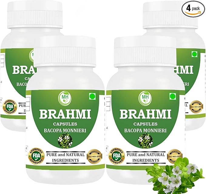 Brahmi Capsules | Bacopa Monnieri Extract | 500mg Each | Non-GMO Vegan Gluten-Free | Natural Herbal Supplement | 240 Vegetarian Capsules | Pack of 4 Bottle