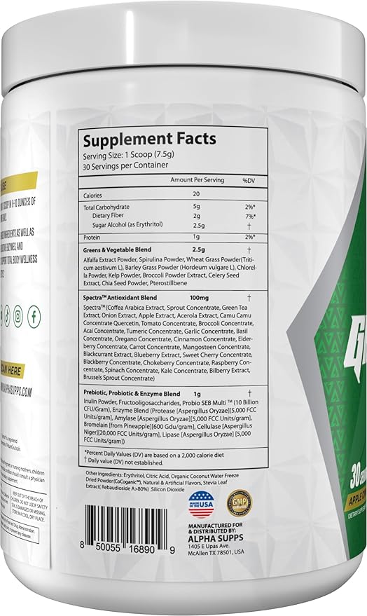 Alpha Supps - Alpha Greens Supplement | Fruit &amp Vegetable Superfood Powder | Over 40 Natural Plant Based Ingredients | Prebiotic &amp Probiotic Digestive Support Blend - 30 Servings (Apple Cinnam