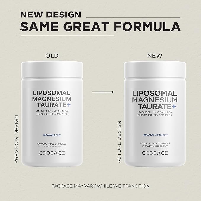 Codeage Liposomal Magnesium Taurate+ Supplement - Magnesium Taurate Vitamin B6 as Pyridoxal 5-Phosphate 2-Month Supply - Liposomal Delivery Vegan Non-GMO Gluten-Free 120 Capsules