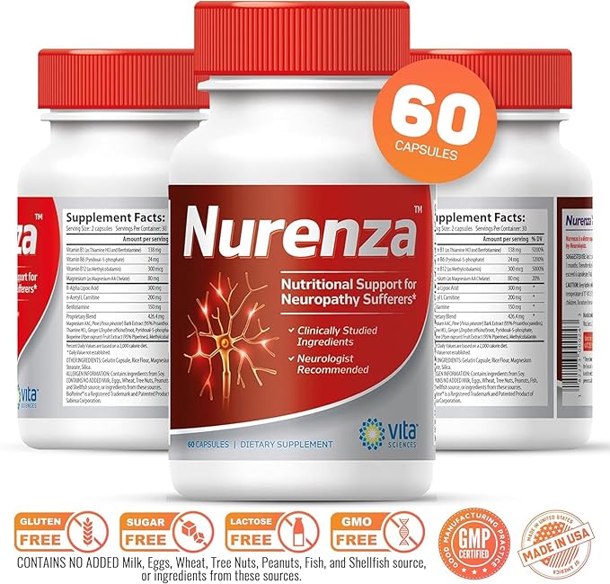Vita Sciences Nurenza Neuropathy Relief Supplement 40x Strength Natural R-ALA Form for Nerve Health Fast Repair w/ Vitamins Antioxidants Revitalizing Feet Hands Legs and Toes. 60 Ct. - Pack of 6