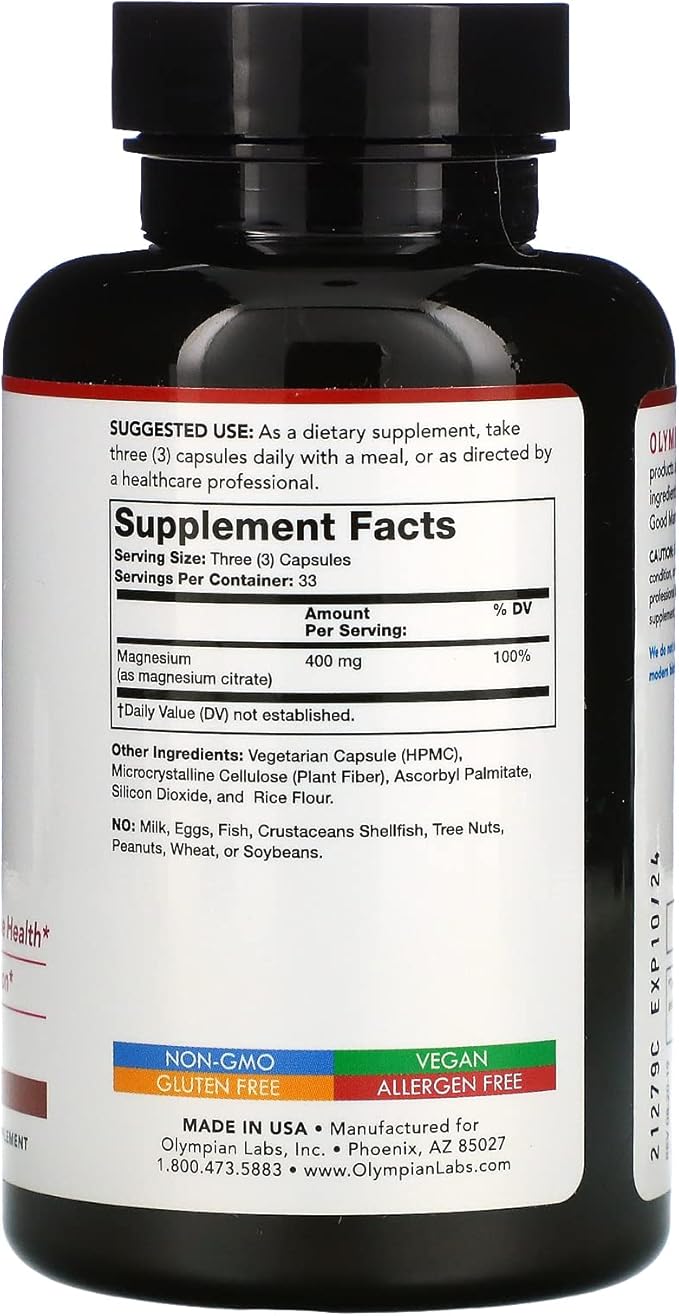 Olympian Labs Magnesium Citrate 400 mg 100 Vegetarian Capsules