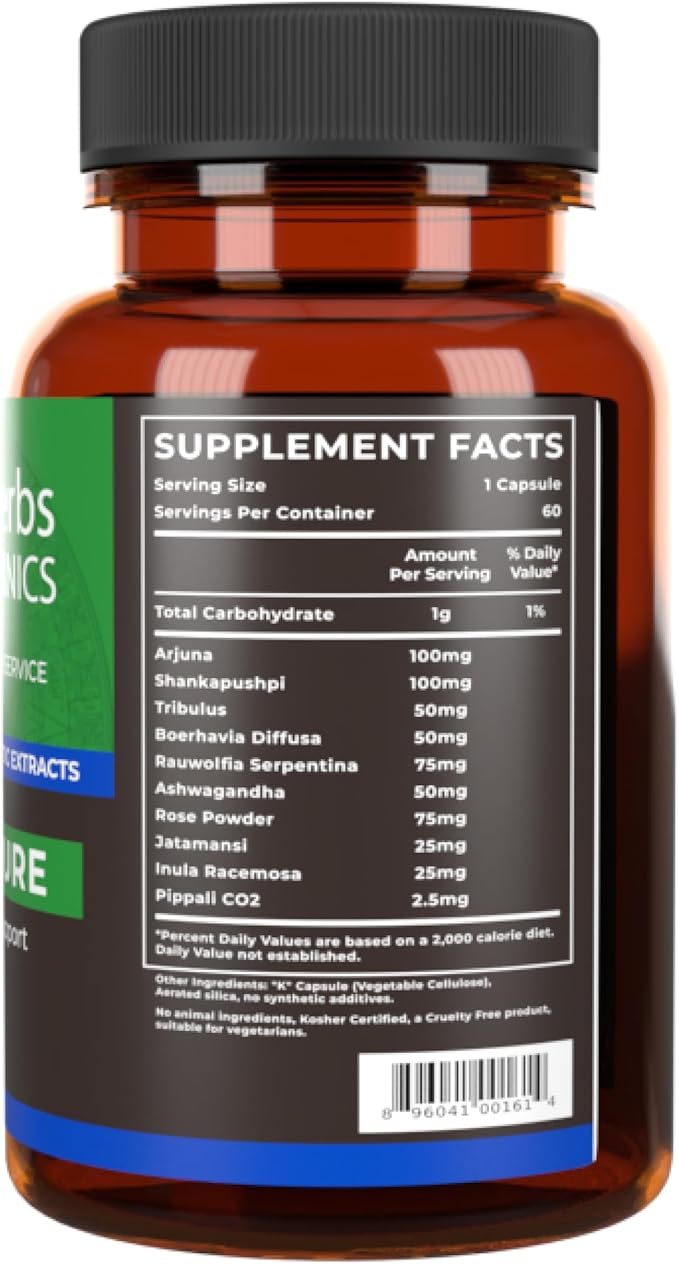 Tattva's Herbs Cardiopure Herbal Ayurvedic Supplement Ashwagandha Rauwolfia &amp Arjuna Full Spectrum Co2 Extracts Veggie Capsules 60 Count