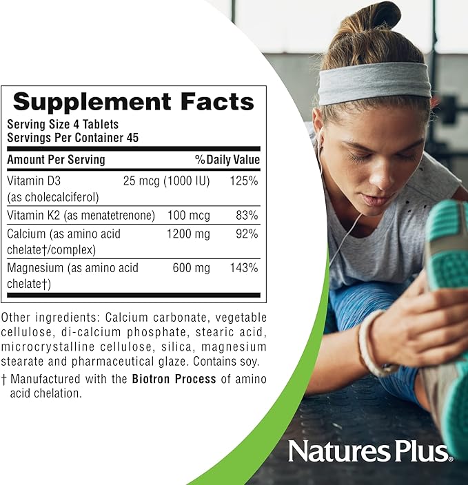 NaturesPlus Calcium/Magnesium/Vitamin D3 with Vitamin K2 - Supports Bone &amp Immune Health - Vegetarian Gluten Free - 180 Tablets - 45 Servings