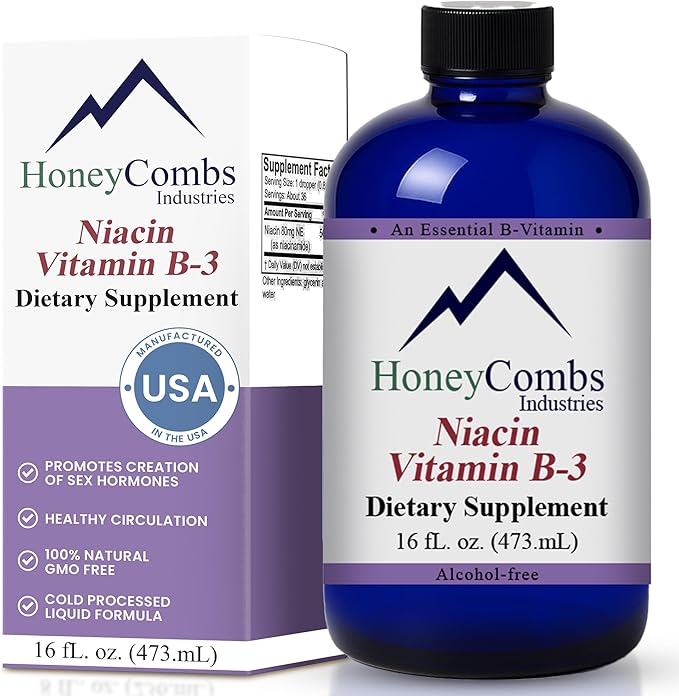 HoneyCombs Vitamin B3 Niacin Supplement Liquid Drops - High Potency Vitamin B3 Liquid Drops for Men &amp Women - Maintain Digestive System Skin Tongue Energy and More - Vegan Niacin Drop (16 Fl oz
