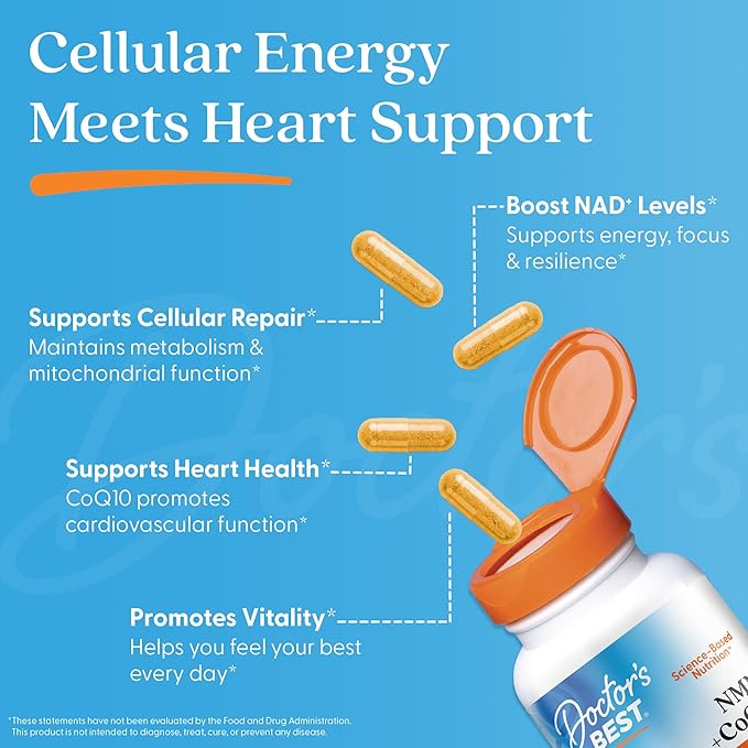 Doctor's Best NMN + CoQ10 Supplement for Women &amp Men - Supports NAD+ Production &amp Cellular Energy Beta Nicotinamide Mononucleotide 150 mg &amp Coenzyme Q10 50 mg per Capsule Vegan Non GMO-