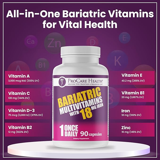 ProCare Health Bariatric Multivitamin with 18mg Iron (3 Month Supply) Post-Op Vitamins Bariatric Surgery Patients Supports Recovery (90 Easy to Swallow Capsules)