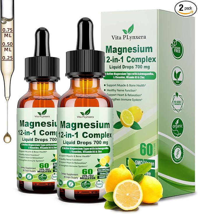2 Pack 12-in-1 Magnesium Complex Liquid Drops Chelated Magnesium Citrate Glycinate Taurate Malate Aspartate w. Ashwagandha Theanine D3 &amp Zinc for Relaxation Sleep Immune Health &amp Muscle Funct