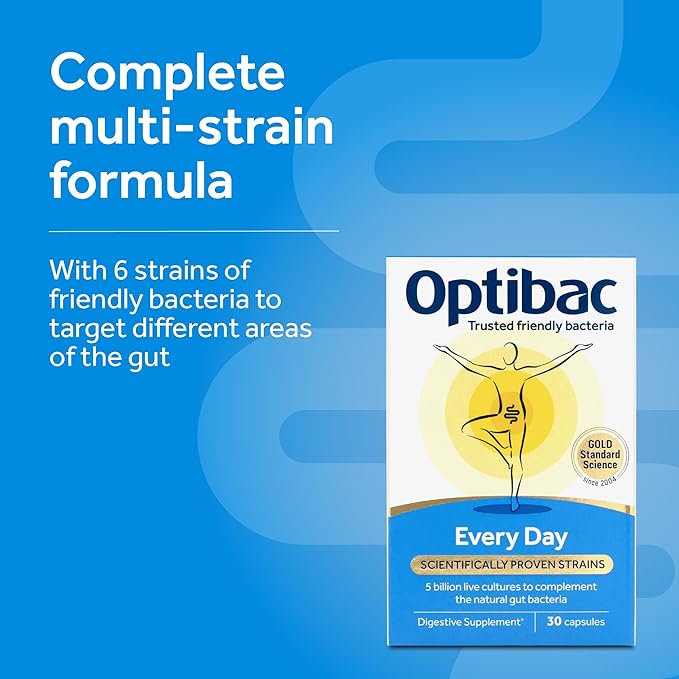 OptiBac Probiotics for Digestive Health 30 Capsules | 6 Scientifically Researched Strains with 5 Billion Live Cultures | Gluten Free &amp Vegetarian | Supports Gut Flora &amp Digestive Health
