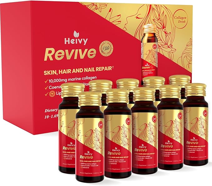Heivy Marine Liquid Collagen for Women 10000mg 133% Higher Absorption CoQ10 Biotin Vitamins USA GMP 3rd Party Tested Non-GMO Gluten Free 50mL 10 Bottles