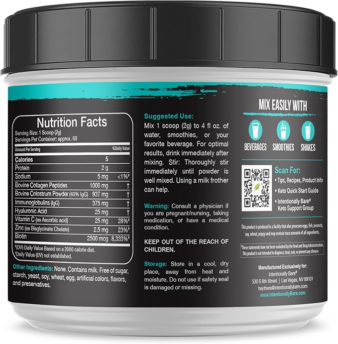 Intentionally Bare Colostrum and Collagen Powder - Bovine Colostrum Powder for Gut Health Immunity Hair Skin and Nails - Unflavored Collagen Supplement with Biotin &amp Hyaluronic Acid - 60 Servin
