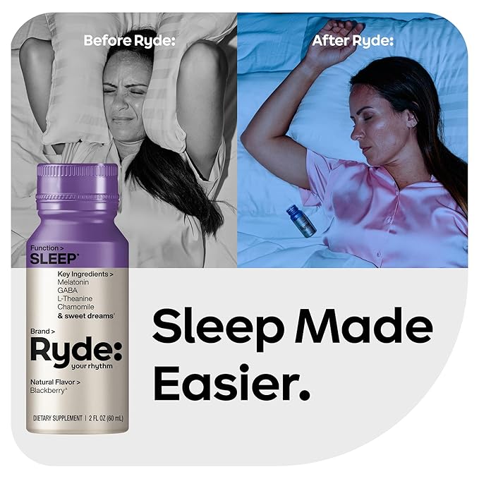 Ryde: SLEEP | 2oz Sleep Shot for Occasional Use | Melatonin GABA L-Theanine &amp Chamomile | Blackberry Natural Flavor | Sugar-Free Zero Calories Vegan | Manufactured in USA (8 Pack)