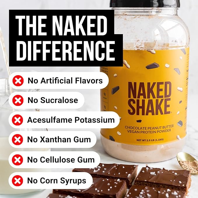 NAKED Shake - Chocolate Peanut Butter Protein Powder - Vegan Protein Powder from US &amp Canadian Farms with MCT Oil NSF Certified Gluten-Free Soy-Free No GMOs or Artificial Sweeteners - 30 Servi