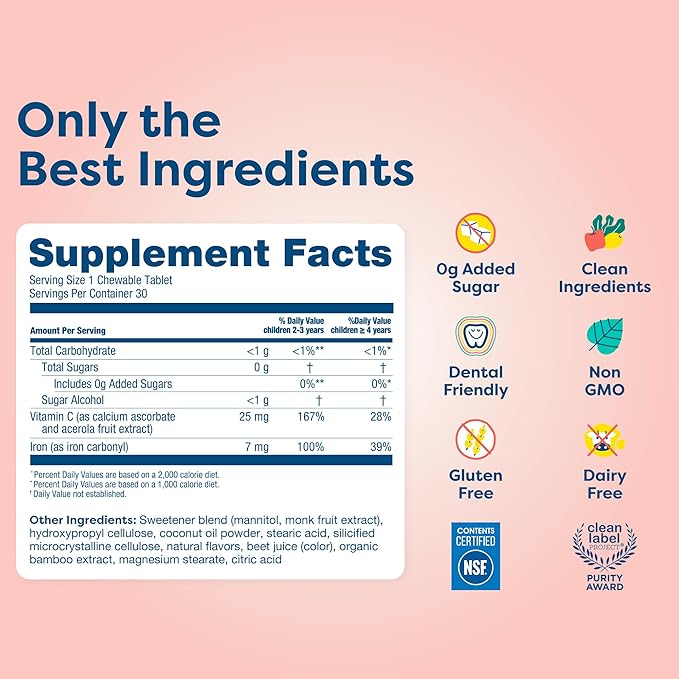 Hiya Iron+ Supplements for Kids - High Absorption Iron Supplement - Delicious Strawberry Flavor &amp Easy on Children's Stomach - No Added Sugar &amp Third Party Tested - 60 Day Refill Supply for To