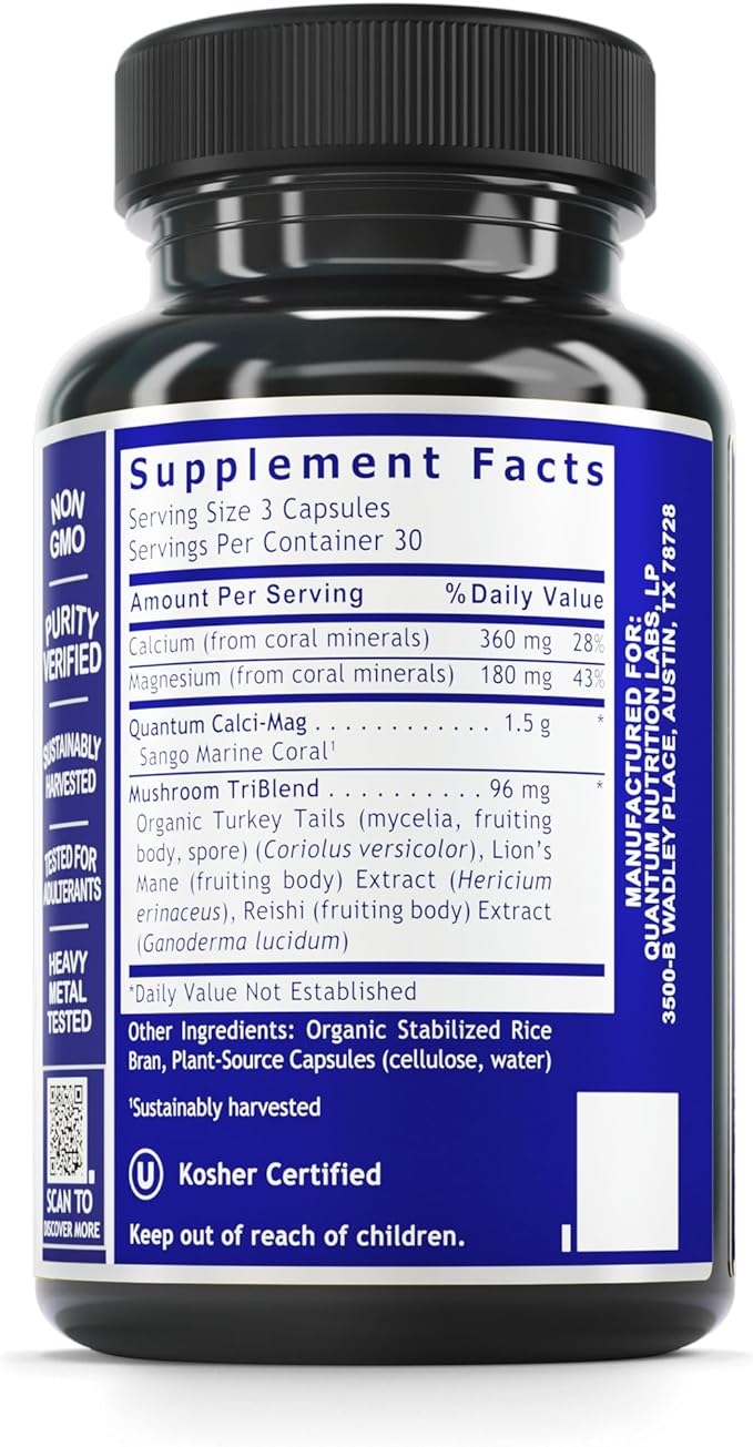 Quantum Nutrition Labs Calci-Mag Caps - Calcium Magnesium Supplement Calcium Supplement Pure Magnesium &amp Mushroom Complex with Reishi &amp Lions Mane - 90 Vegetarian Capsules