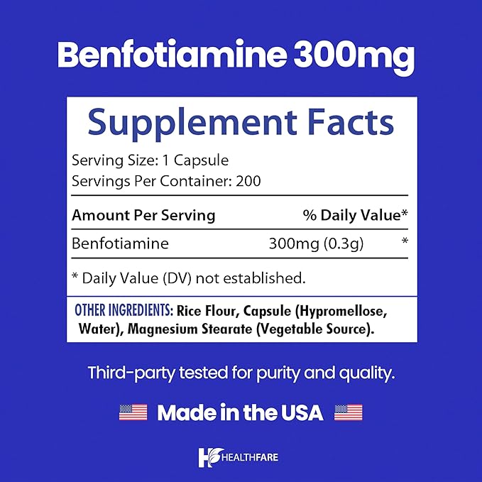 Healthfare Benfotiamine 300mg | 200 Veg Capsules | Enhanced Absorption | Supports Overall Health | Increased Bioavailability