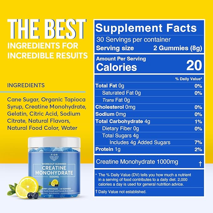 FIOR Creatine Gummy - Best Creatine Monohydrate Chewable 60 Count Workout &amp Protein Supplement Cognitive Enhancement Blueberry Lemonade Flavor 30 Servings