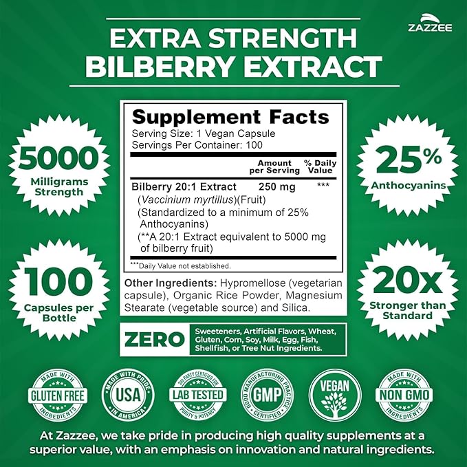 Zazzee Brain &amp Eye Health Support Bundle | Extra Strength Bilberry 20:1 Extract &amp USDA Organic Blueberry Extract Capsules | Non-GMO Vegan &amp ISO Lab Tested