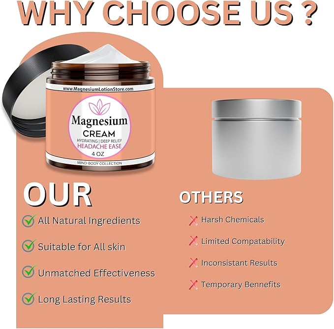 Magnesium Cream for Headache Migraines Muscle Soreness Cramps Relief with Shea Butter Coconut Oil Aloe Vitamin E - Magnesium Cream for Calm &amp Relaxation - Peperminty Scent - 4fl oz - USA Mad