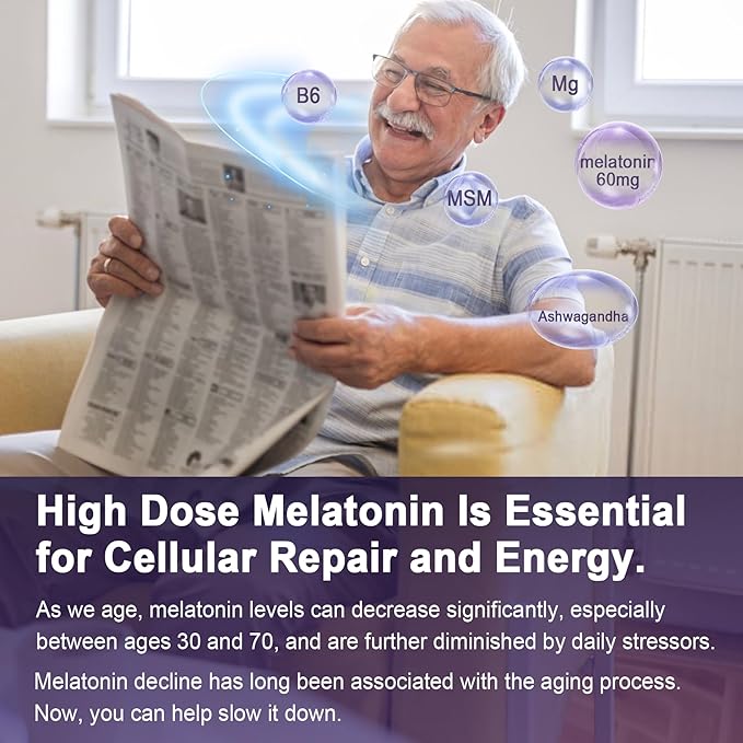 Antioxidant &amp Brain Support Melatonin 60mg 30mg for 50+ Adults | High Dose Melatonin for Anti-Aging &amp Immune | Extra Strength Melatonin Gummies with B6 Ashwagandha Magnesium MSM - 60 Gummie