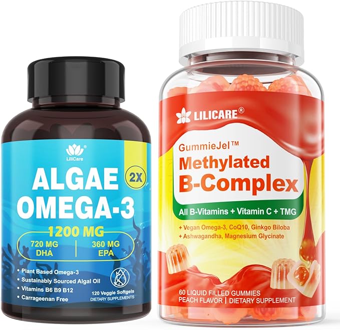 Vitamin B Complex Filled Gummies &amp Plant-Based Algae Omega 3 1200mg Supplement