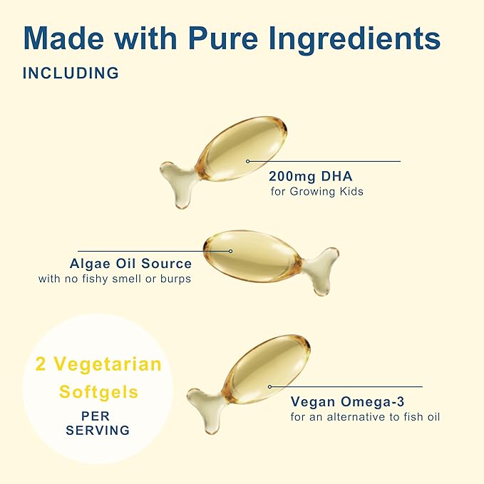 Micro Ingredients Kids Omega-3 Fish Oil 240 Veggie Softgels | Vegan Omega 3 with 200mg DHA | Lemon Flavored | Fish Oil Alternative from Algae Oil | No Fishy Smell or Aftertaste