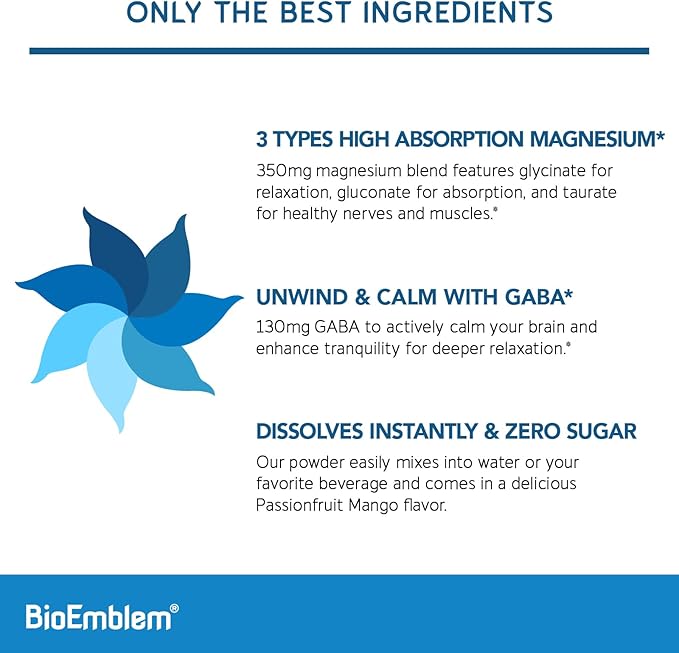 BioEmblem Triple Complex Magnesium Powder Drink - 350mg High Absorption Magnesium Glycinate Gluconate Taurate &amp GABA for Rest Sleep &amp Brain Health - Passionfruit Mango Flavor - Vegan(60 Se