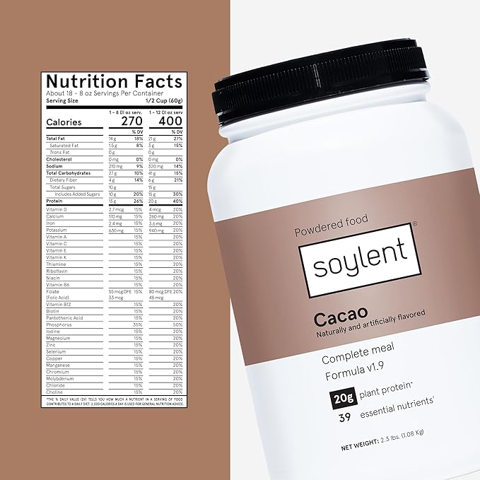 Soylent Complete Nutrition Meal Replacement Protein Powder Cacao - Plant Based Vegan Protein 39 Essential Nutrients - 36.8oz