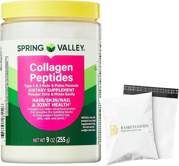 Collagen Peptides Powder 255g (9 Oz) - Hydrolyzed Protein(Type I &amp III) Keto Collagen Powder for Women &amp Men - Hair Skin and Joints by Spring Valley (Pack of 1) - Set By Basket Goods