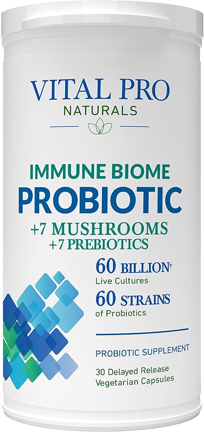 Vital Pro Naturals - Immune Biome Shelf Stable Probiotic with 60 Billion Cultures and 60 Strains Digestive Support Probiotics for Women and Men with Prebiotics and Organic Mushrooms 30 Capsules