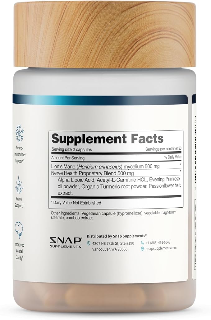 Snap Supplements Nerve Health Support with Lion’s Mane Organic Turmeric &amp Herbs – Supports Mental Clarity Memory Focus &amp Nerve Function – 60 Capsules
