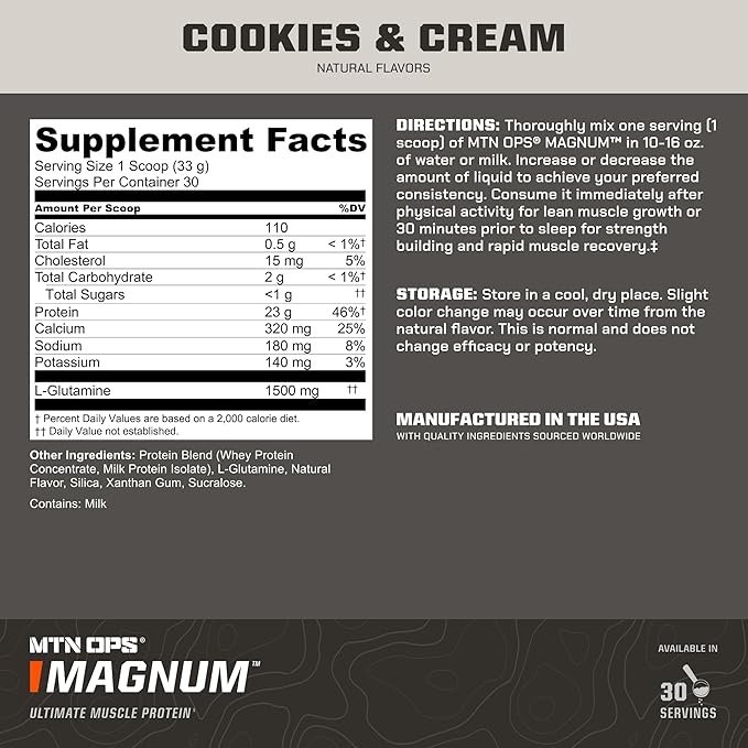 MTN OPS Magnum Protein Powder 23g Protein per Serving Whey Protein Blend with BCAAs Low Sugar Gluten Free 30 Servings Cookies &amp Cream