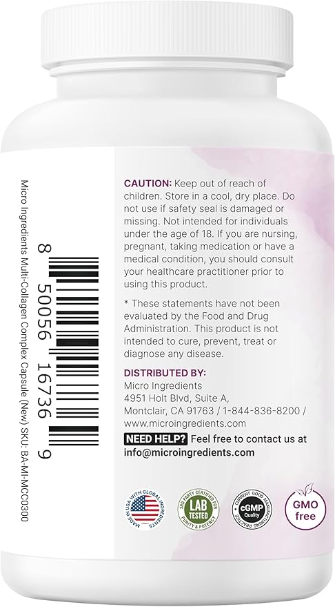 Micro Ingredients Multi Collagen Pills for Women &amp Men 240 Capsules | Type I II III V X | Hydrolyzed Peptides with Biotin Hyaluronic Acid &amp Fat Soluble Vitamin C Complex | Non-GMO Fill
