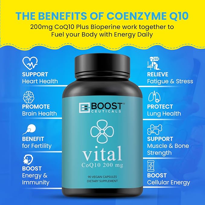 BoostCeuticals CoQ10 200mg Ubiquinone - Heart Health &amp Statin Muscle Support Cellular Energy Healthy Blood Pressure Range Powerful Antioxidant 90 Vegan Capsules