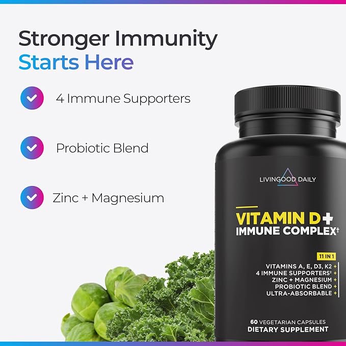 Livingood Daily Vitamin D3 K2 4000 IU Supplement 9-in-1 Dietary Supplement for Immune Support - Made with Vitamins D A E K2 Zinc Magnesium &amp Probiotic Blend for Maximum Absorption - 60 Capsu