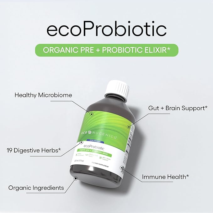 EcoNugenics ecoProbiotic: Probiotic &amp Prebiotic Supplement for Women &amp Men w/ 19 Digestive Herbs – Supports The Microbiome &amp Gut Health + Immune Function – Live Fermented Liquid Vegan Form
