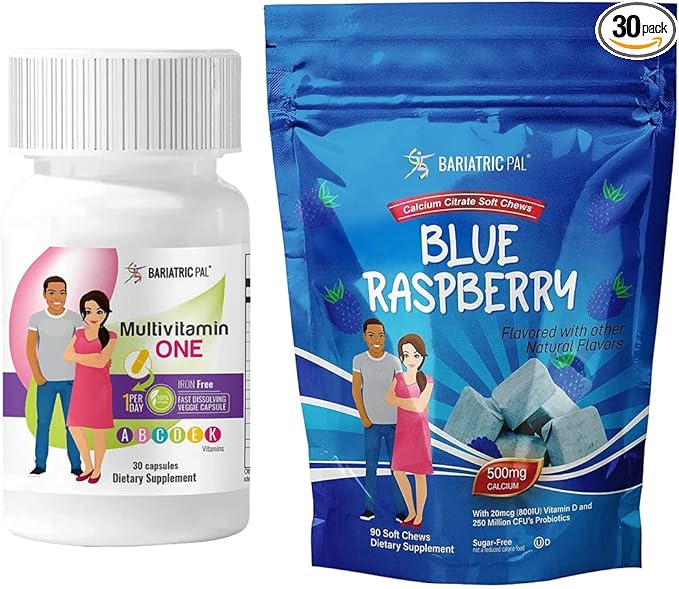 BariatricPal 30-Day Bariatric Vitamin Bundle (Multivitamin ONE 1 per Day! Iron-Free Capsule and Calcium Citrate Soft Chews 500mg with Probiotics - Blue Raspberry)