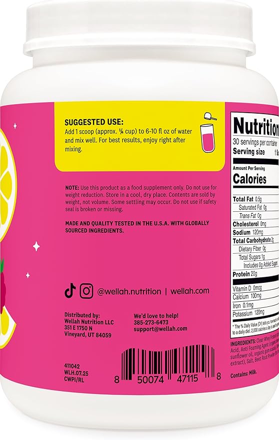 Wellah Clear Whey Protein Isolate Powder (Raspberry Lemonade) 30 Servings - 20g of Protein 100 Calories Sweetened with Stevia