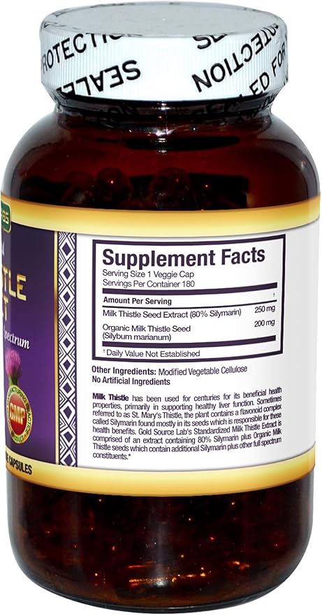 Organic Milk Thistle Capsules 180 Caps Pure Milk Thistle Powder Plus 80% Silymarin Extract Standardized Complex 450 mg Natural Liver Health Supplement Immune Boost Detox and Cleanse