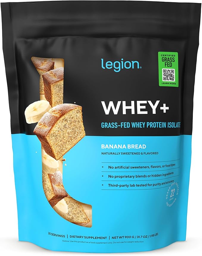 LEGION Whey+ Protein Whey Isolate from Grass Fed Cows (Banana Bread 30 Servings) - Whey Protein Isolate Powder Low Calorie Non-GMO Sugar Free Lactose and Gluten Free All Natural Protein Powder