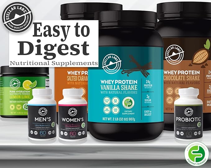 Stellar Labs Whey Protein Powder with BCAA's &amp Whey Isolate | Certified Low FODMAP Non GMO Gluten Free Low Carb Keto with Stevia | All Natural Lean Post Workout Shakes | Chocolate
