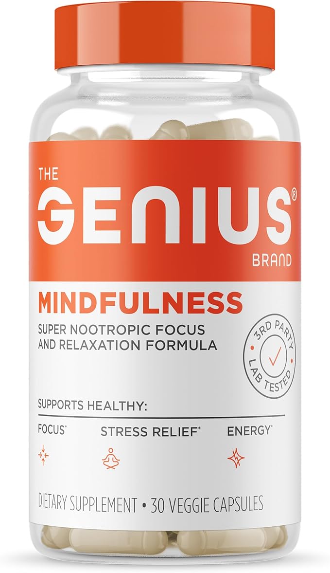 The Genius Brand Genius Mindfulness - Brain Health Supplement - Supports Healthy Mindsets - Calm Energy Memory &amp Focus Support - Ashwagandha NeuroFactor &amp More - 30 Veggie Pills