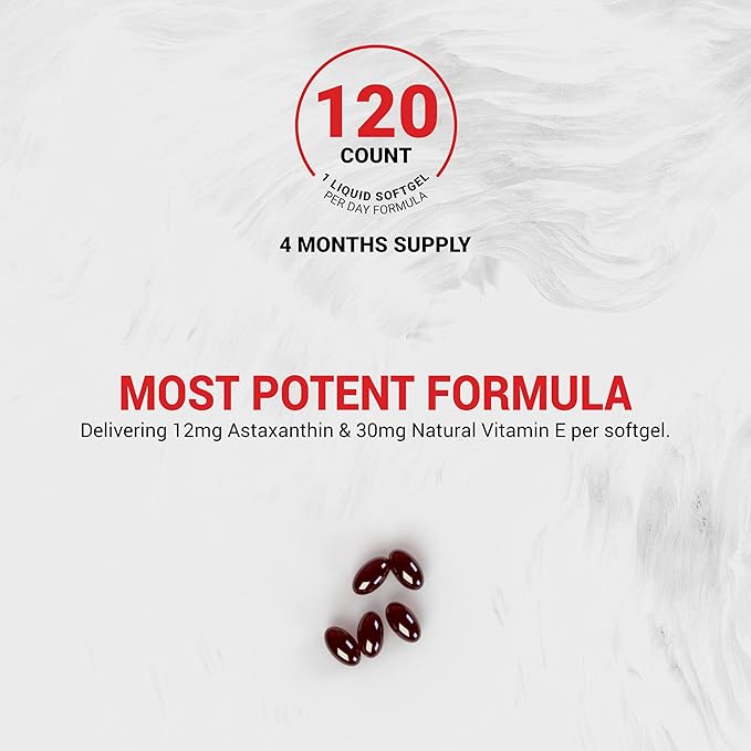 Naturalis New Zealand Astaxanthin (12mg) | Enhanced with Natural Vitamin E | Non-GMO Soy &amp Gluten Free | 120 Softgels (4 Month Supply)