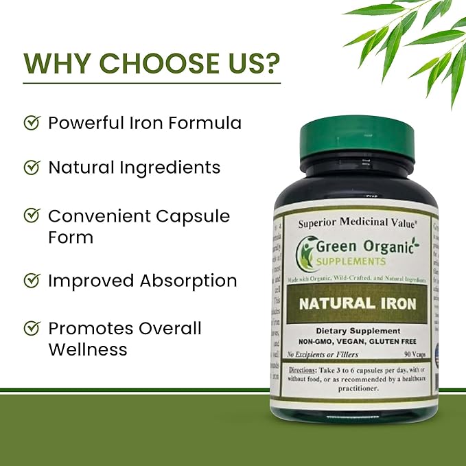 (Pack-2) Green Organic Supplements' Iron 2000mg 180 Hand Made Vegan Non-GMO &amp Gluten Free Natural Iron Capsules