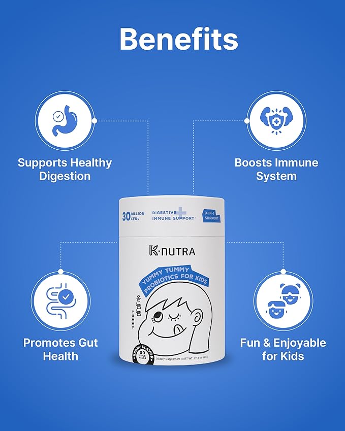 K-Nutra Dentifresh Grape Xylitol Tablets 30 Count + Yummy Tummy Kids Probiotics 30 Sticks Bundle with 4 Billion CFU Oral Care and 30 Billion CFU Digestive Support