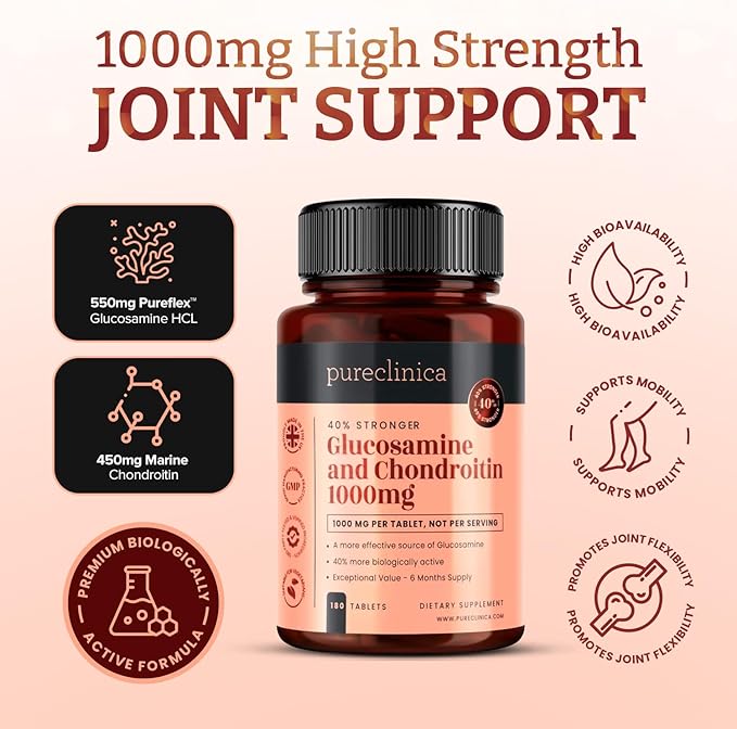 pureclinica 1000mg Glucosamine HCL &amp Chondroitin x 180 Tablets - 6 Months Supply. The Most Effective and Biologically Active: Chondroitin 90% Glucosamine HCL 83.1%