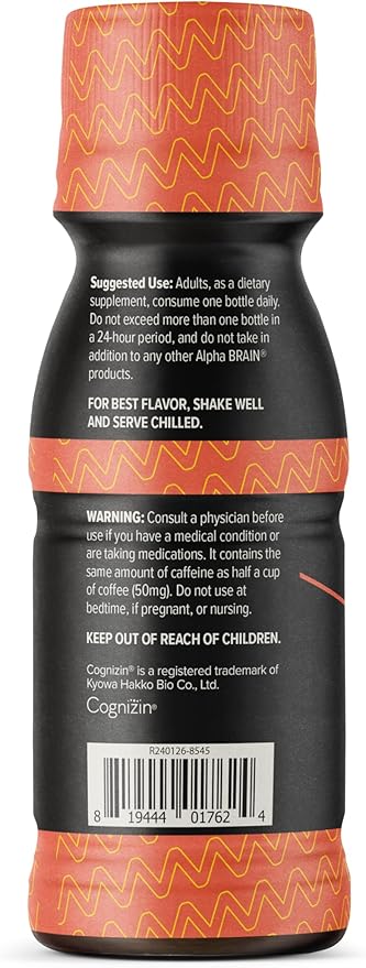 ONNIT Alpha Brain Focus Shot Peach Flavor Nootropic Dietary Supplement Drink that Supports Energy Focus and Mood IGEN™ Non-GMO Tested 2.5 fl oz 6 Count