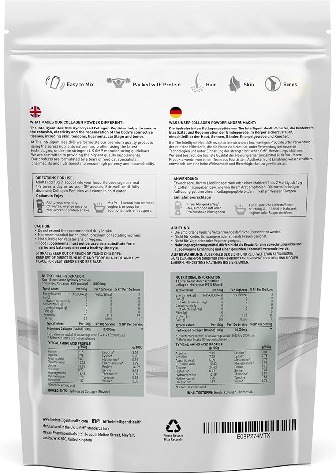 The Intelligent Health Hydrolysed Collagen Powder (Bovine) - High Protein Grass Fed Unflavoured Peptides - Collagen Supplements for Women | Gluten Free Paleo &amp Keto Friendly (2Kg)
