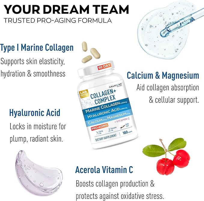 Granions Marine Collagen Pills – 2000mg Hydrolyzed Marine Collagen Peptides Hyaluronic Acid Vitamin C Calcium Magnesium – Skin Hair Nails Pro Aging Hyaluronic Acid Supplements – 180 Tablets