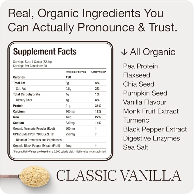 Get Golden Organic Classic Vanilla Protein Powder | 21g of Plant Based Protein Powder | Low Carb Gluten Free Dairy Free No Added Sugar Non-GMO | For Shakes &amp Smoothies (20 Servings 1.4lb Bag)